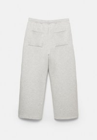 Light gray wide-leg sweatpants with elastic waistband and two patch pockets on the front.