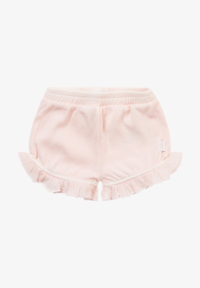 Shorts rose clair pour tout-petit avec taille élastique et ourlet à volants sur fond blanc.