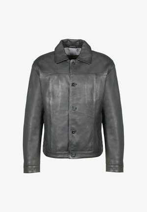 Graue Lederjacke mit knöpfbarem Vorderteil, flachem Kragen und zwei Brusttaschen. Glatte Textur und maßgeschneidertes Design mit minimalen Details.