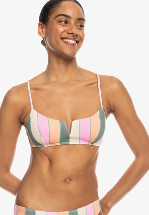 Kleurige bikini top met verticale strepen in roze, oranje, groen en grijs. Gemaakt van textuurstof met dunne verstelbare bandjes.
