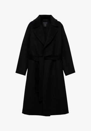 Zwarte wollen mix jas met een gekartelde kraag, lange mouwen en een bijpassende riem in de taille. Heeft een minimalistisch ontwerp en een gladde textuur.