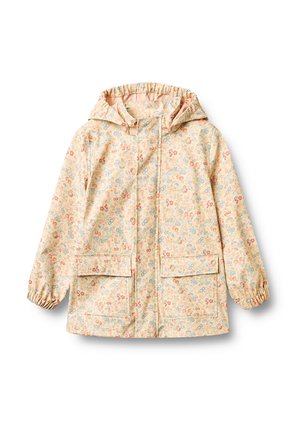 Lysebeige hættejakke med elastiske manchetter, to forlommer med klap og lille flerfarvet blomsterprint.