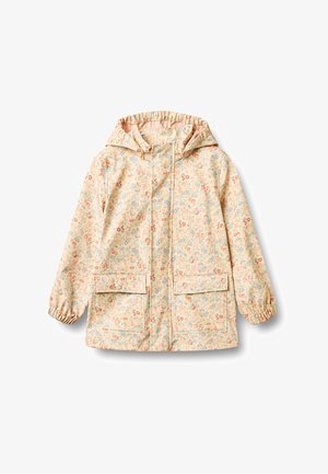 Jasnobeżowa kurtka z kapturem, z elastycznymi mankietami, dwoma przednimi kieszeniami z klapami oraz małym, wielokolorowym wzorem kwiatowym.