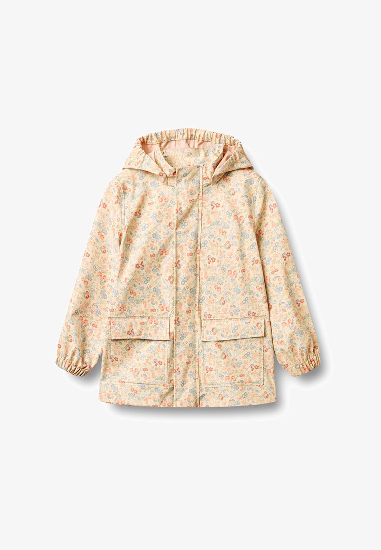 Jasnobeżowa kurtka z kapturem, z elastycznymi mankietami, dwoma przednimi kieszeniami z klapami oraz małym, wielokolorowym wzorem kwiatowym.
