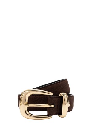 Ceinture en daim marron foncé enroulée avec une grande boucle en métal doré brillant et une boucle assortie sur fond blanc.