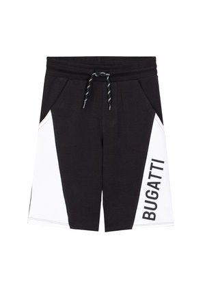 Black and white shorts with side pockets, drawstring waist, and "BUGATTI" printed vertically on the right white panel.