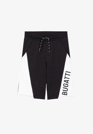 Pantaloncini bianchi e neri con tasche laterali, vita con coulisse e "BUGATTI" stampato verticalmente sul pannello bianco destro.