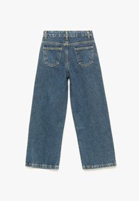 Takakats view of blue wide-leg denim jeans with two back pockets and belt loops on a plain white background.