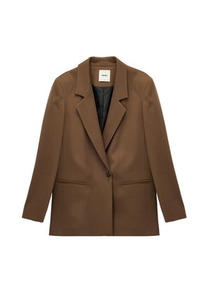 Blazer marrón hecho de un tejido liso y tejido. Presenta solapas con muesca, cierre de un solo botón y dos bolsillos frontales. Interior forrado.