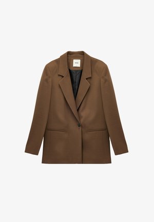 Brown blazer made from a smooth, woven fabric. Features a notched lapel, single button closure, and two front pockets. Lined interior.