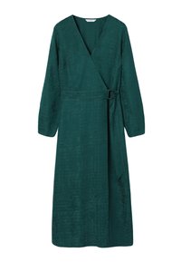 Robe portefeuille verte à manches longues avec encolure en V et détail de boucle latérale, longueur midi, réalisée en tissu texturé.