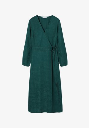 Grøn langærmet slå-om-kjole med V-hals og detalje med sidebøjle, midi-længde, lavet af tekstureret stof.