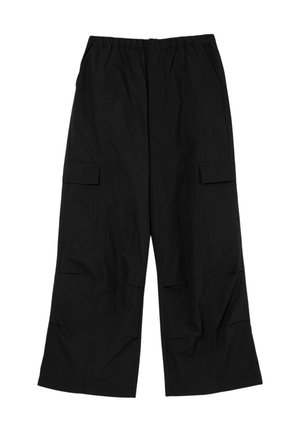 Pantaloni cargo neri realizzati in tessuto misto cotone, con vita elasticizzata, gambe larghe e due tasche frontali per un utilizzo pratico.
