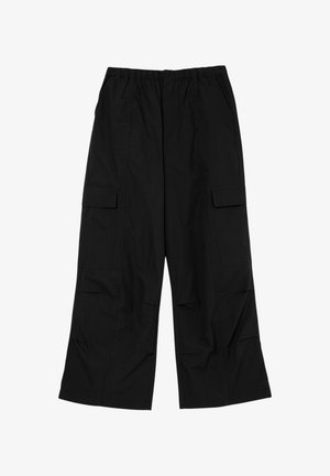 Pantaloni cargo neri realizzati in tessuto misto cotone, con vita elasticizzata, gambe larghe e due tasche frontali per un utilizzo pratico.