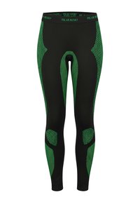 Schwarze Leggings mit grünen Akzenten und strukturierten Mustern an den Seiten, mit einem breiten elastischen Bund, auf dem "Polar Husky" gedruckt ist.