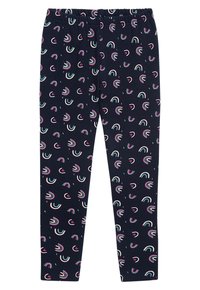 Leggings aus dunkelblauem Stoff mit mehrfarbigen Regenbogen- und Wirbelmustern. Elastischer Bund, slim fit, glatte Textur. Geeignet für Freizeitkleidung.