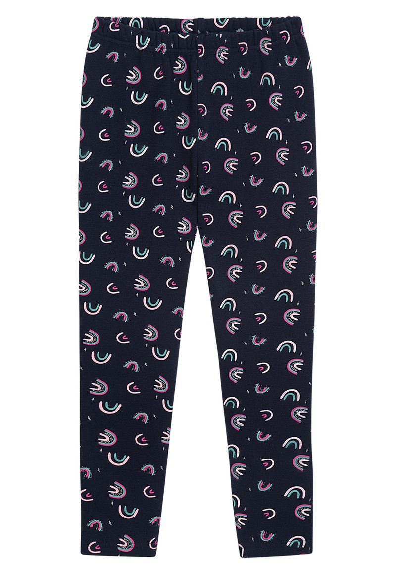 Leggings aus dunkelblauem Stoff mit mehrfarbigen Regenbogen- und Wirbelmustern. Elastischer Bund, slim fit, glatte Textur. Geeignet für Freizeitkleidung.