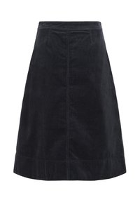 Gonna A-line in corduroy nero con una superficie liscia, caratterizzata da un design di media lunghezza, cuciture frontali e un sottile dettaglio all'orlo.