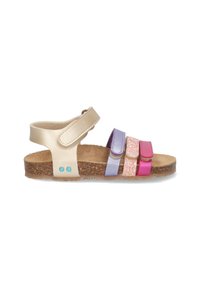 Kindersandalen met een gouden leren bovenkant, drie verstelbare klittenbandriemen in roze, paars en glitter, en een kurken zool.