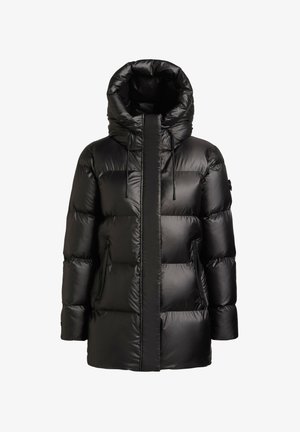 Black puffer coat with a high collar and hood. Features a glossy finish, stitched paneling, and two zippered side pockets.
