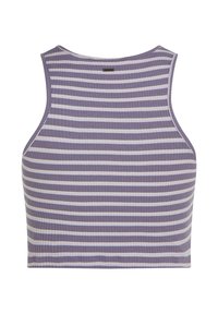 Fialový žebrovaný crop top s bílými horizontálními pruhy, s kulatým výstřhem a širokými průramky, navržený pro pohodlí a styl.