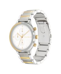 Silber- und goldfarbener Edelstahlarmbanduhr mit weißem strukturiertem Zifferblatt, drei Nebenzifferblättern und einem polierten Armband. Klare Quarzbewegung.