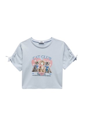 Jasnoniebieski krótkoterminowy T-shirt z krótkimi rękawami, z graficznym nadrukiem trzech kotów i napisem "KOTY KLUB" na przodzie.