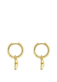 Goldene Creolen mit einer glatten, polierten Oberfläche. Jeder Ohrring hat einen kleinen, abgerundeten Anhänger, der unten hängt.