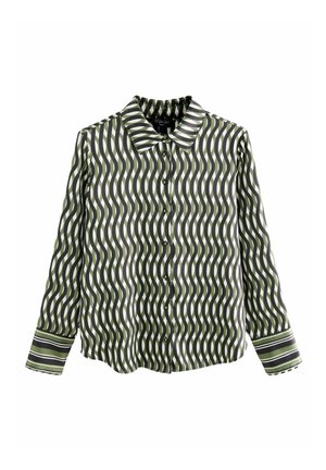 Chemise à manches longues boutonnée avec des rayures verticales ondulées vertes, noires et blanches et des poignets rayés sur fond blanc.