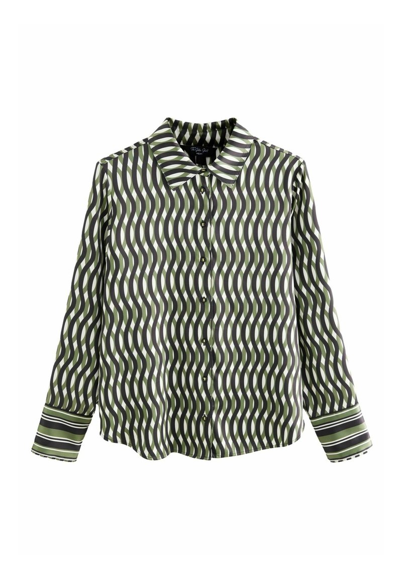 Chemise à manches longues boutonnée avec des rayures verticales ondulées vertes, noires et blanches et des poignets rayés sur fond blanc.