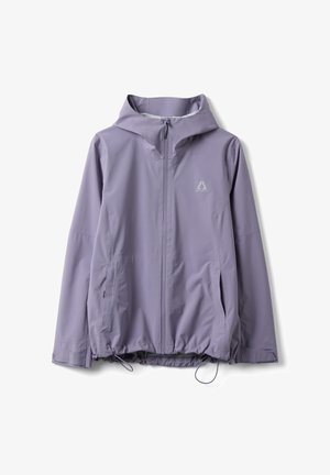 Lichtpaarse gewatteerde jas met capuchon, volledige ritssluiting aan de voorkant, verstelbare trekkoorden aan de zoom en ritssluitingen aan de zijkanten, met merklogo op de borst.
