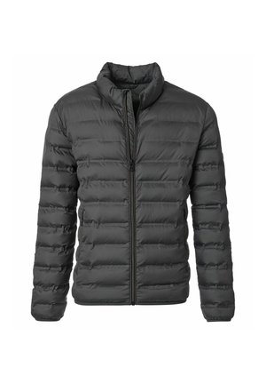 Graue Steppjacke mit horizontalen Quiltpaneelen, hohem Kragen und einem Frontreißverschluss. Glattes Material mit dezentem Glanz.