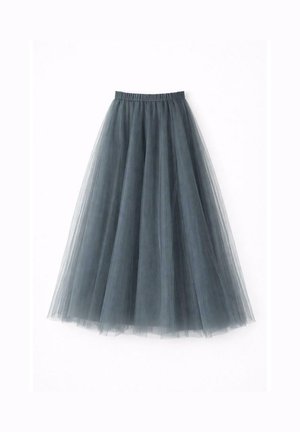 Jupe midi en tulle gris foncé avec taille élastique, superposée et plissée, présentée sur fond blanc.