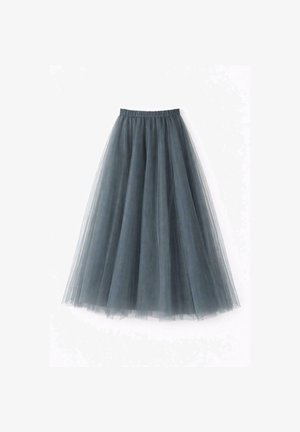 Temno siva midi krilo iz tila z elastičnim pasom, večplastno in gubano, prikazano na belem ozadju.