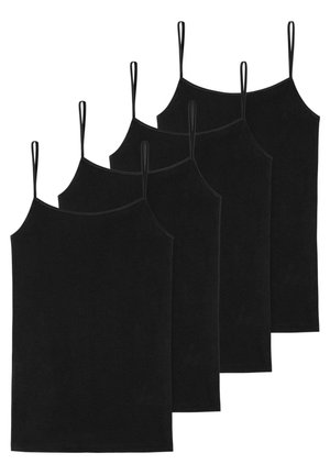 Vier schwarze Spaghetti-Trägershirts aus weichem, dehnbarem Material; glatte Textur; rechteckige Form; keine zusätzlichen Muster oder Akzente.