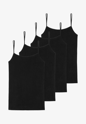 Vier schwarze Spaghetti-Trägershirts aus weichem, dehnbarem Material; glatte Textur; rechteckige Form; keine zusätzlichen Muster oder Akzente.