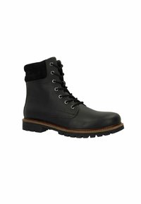 Zwarte leren enkelboot met suède accenten, ronde neus en rubberen zool. Voorzien van metalen oogjes en zwarte veters voor het vastmaken.