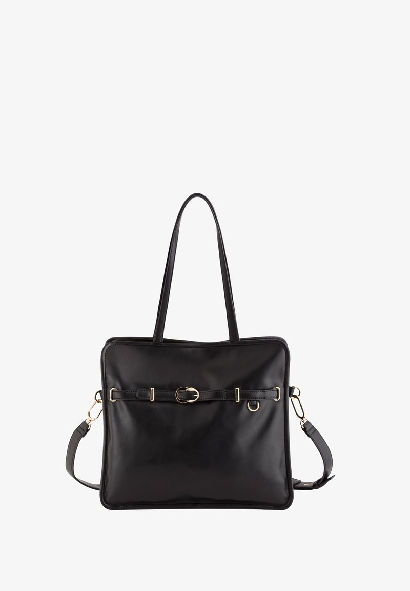 Black leather tote bag with a rectangular shape, flat design, top handles, and a detachable shoulder strap. Features gold-tone hardware accents.
