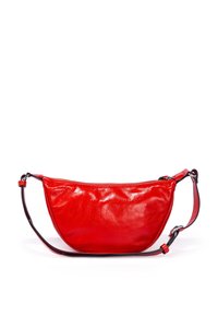 Red leather handbag with a sleek, curved shape. It features a zip closure and a detachable shoulder strap, with polished accents.