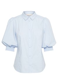 Light blue cotton blouse with a collared neckline, puff sleeves, and smocked cuffs. Features pearl buttons and decorative lace trim.