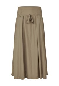 Ein knielanger, beiger Rock aus leichtem Stoff verfügt über einen strukturierten Bund mit Kordelzug und seitlichen Taschen für Komfort.