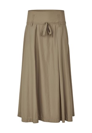 Une jupe beige mi-longue en tissu léger, dotée d'une taille texturée avec un cordon de serrage et des poches latérales pour plus de commodité.