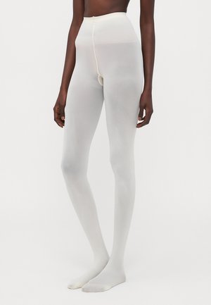 Weiße blickdichte Strumpfhosen mit hohem Bund, glattem Material, nahtlosem Design und Fußbereich. Verfügt über einen verstärkten Schritt.