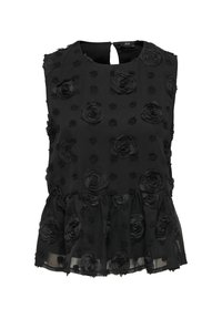 Blouse noire sans manches avec motifs floraux 3D texturés et ourlet à volants, dotée d'une petite ouverture en forme de trou de serrure à l'arrière avec une fermeture par bouton.