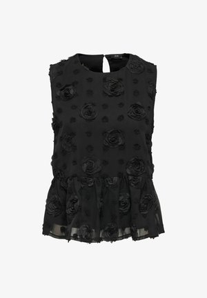 Czarna bezrękawnikowa bluzka z teksturowanymi, trójwymiarowymi wzorami kwiatowymi i falbaną na dole, z małym otworem z tyłu zapinanym na guzik.