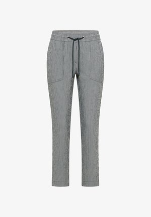 Męskie spodnie slim fit ze sznurkiem, z pionowymi czarno-białymi prążkami i przednimi kieszeniami.