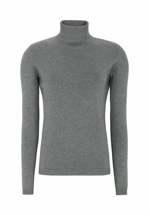 Grå turtleneck sweater lavet af blødt strikket materiale, med lange ærmer og ribkant ved kraven og kanten. Glat tekstur med minimal detailing.
