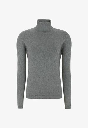 Siv turtleneck pulover iz mehkega pletenega materiala, z dolgimi rokavi ter rebrastim ovratnikom in robom. Gladka tekstura z minimalnim detajliranjem.