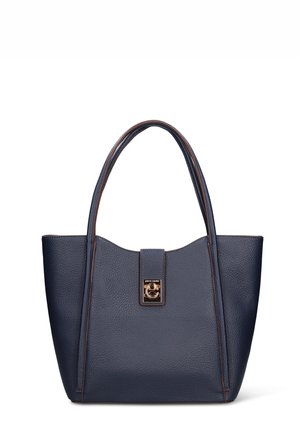 Navy leather tote bag with textured surface, structured shape, two handles, and a gold-tone magnetic latch. Contrast stitching outlines edges.