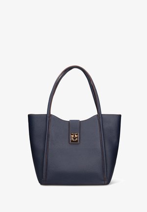 Donkerblauwe leren draagtas met een gestructureerd oppervlak, een vormvaste constructie, twee handvatten en een goudkleurige magnetische sluiting. Contrasterende stiksels omlijnen de randen.